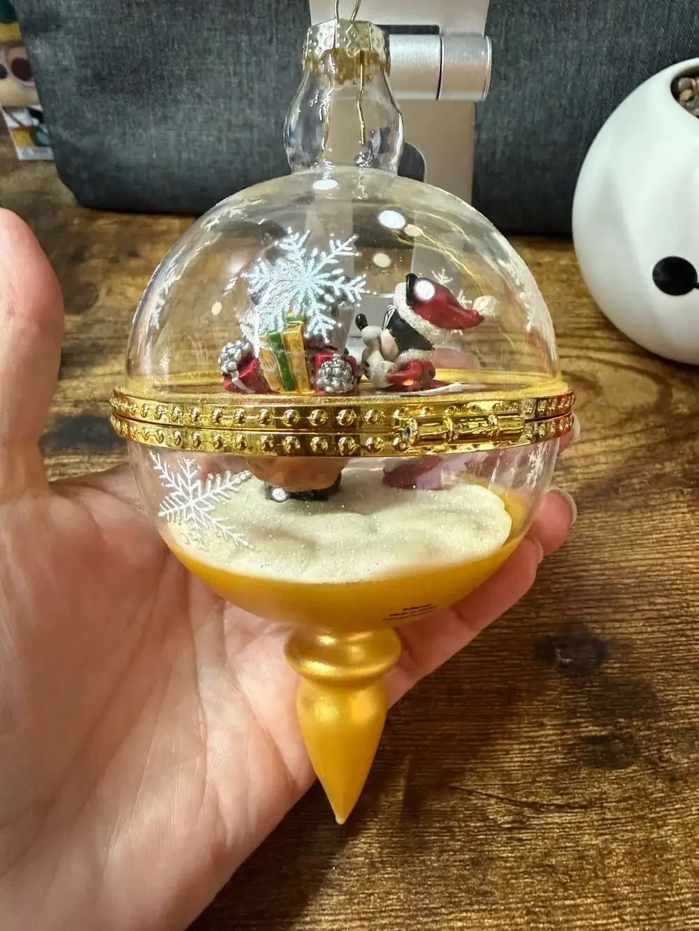 Disney Parks Santa Mickey and Minnie Hinged Glass Ornament with Gold Finial
